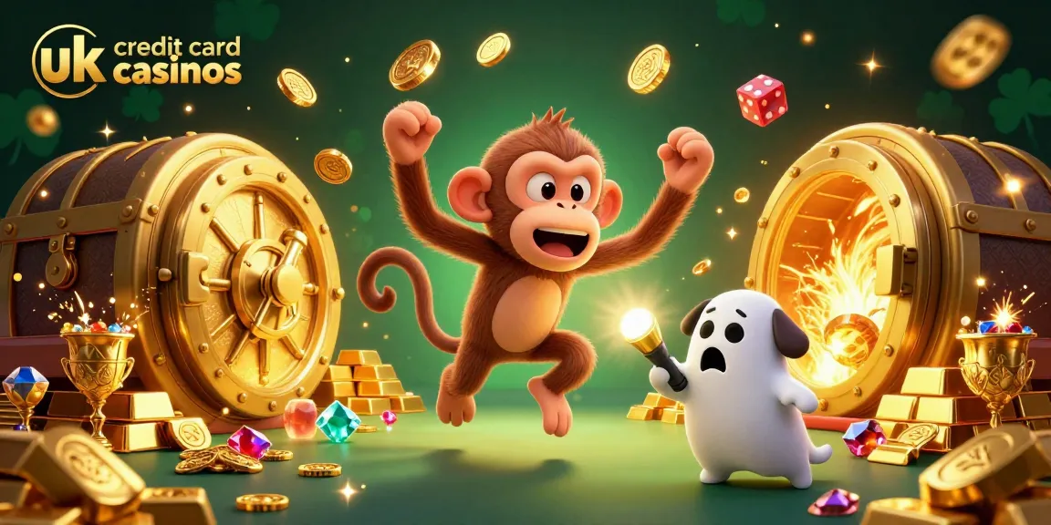 Explore the lively scene of uk credit card casinos featuring a playful poltergeist monkey and a curious puppy in a vibrant casino atmosphere.