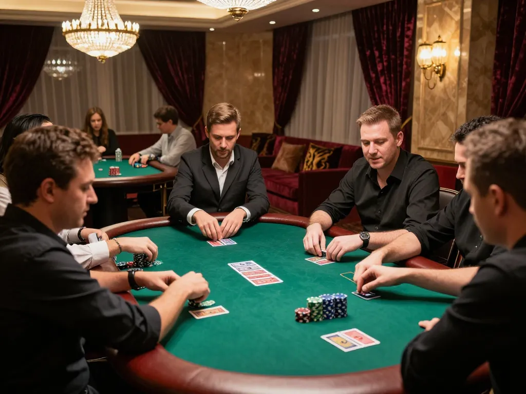 Engaged gamers at a King33 poker table strategizing their bets amid a vibrant casino atmosphere.