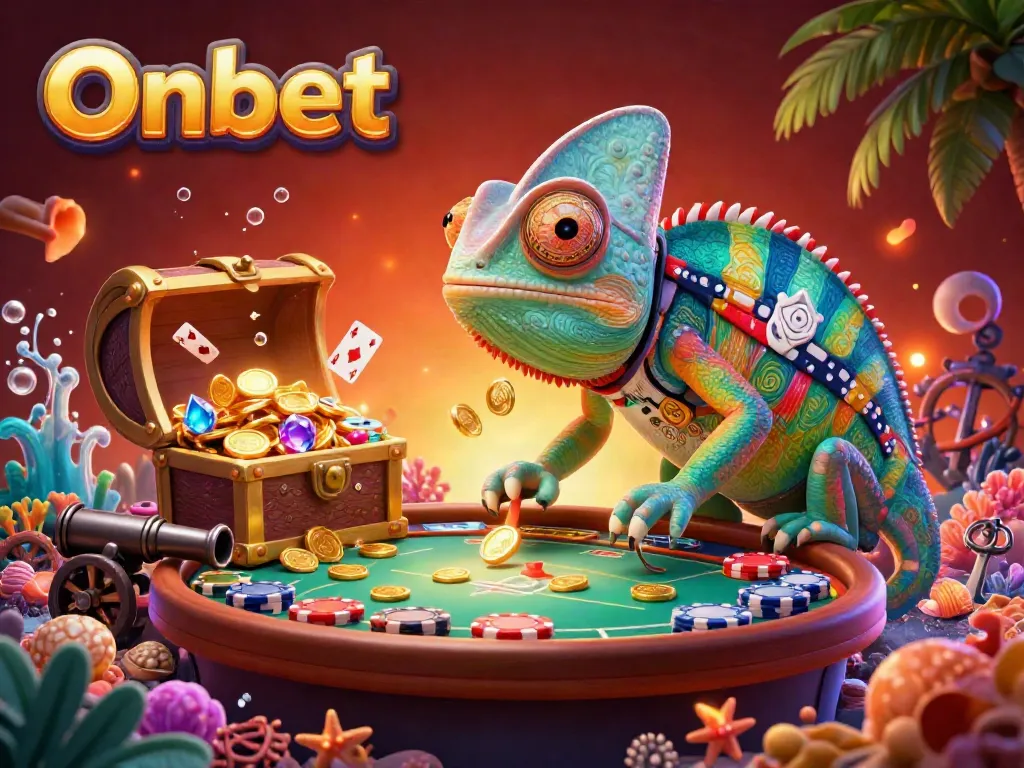Engage with Onbet's dynamic casino experience through a vibrant chameleon owner and treasure-filled underwater scene.