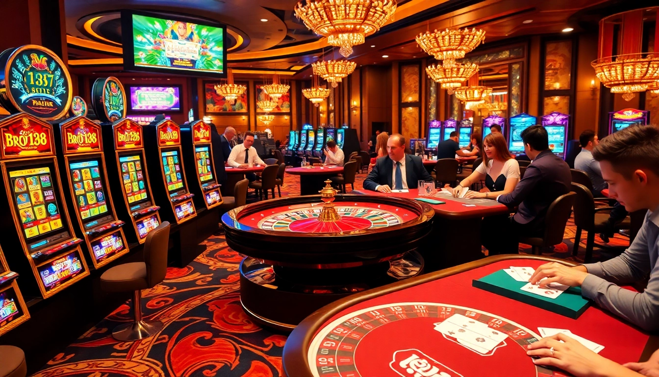 Experience the thrill of Bro138 at a luxury casino with vibrant slot machines and roulette.