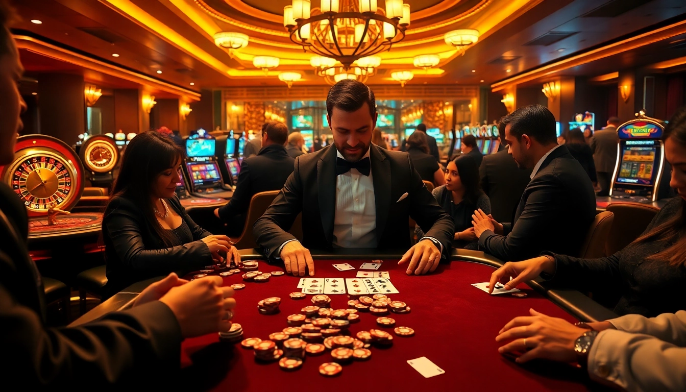 Engaging scene of a luxurious poker table at a casino featuring tabet betting slips amidst intense gameplay.
