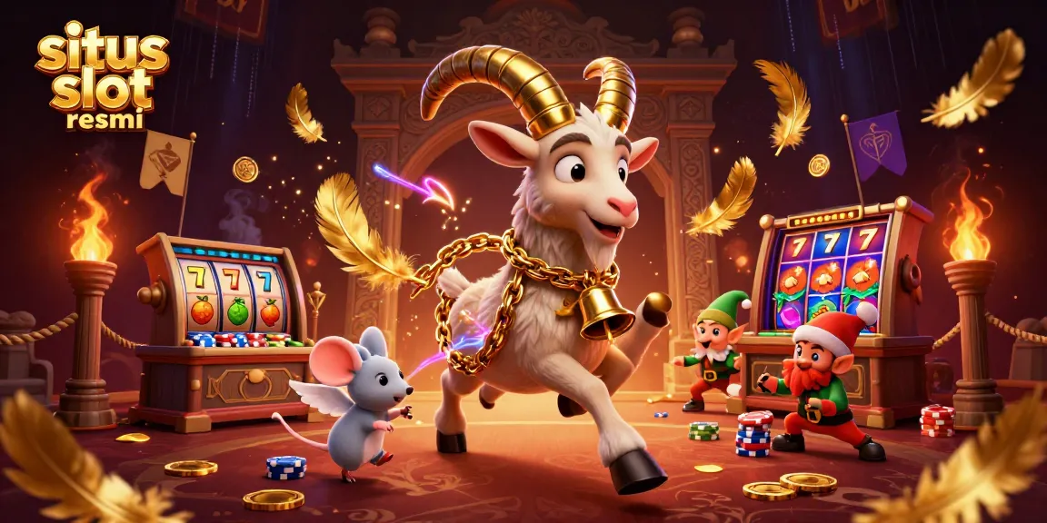 Gambarkan situs slot resmi dengan nuansa kasino, dikelilingi karakter menarik dan slot permainan.