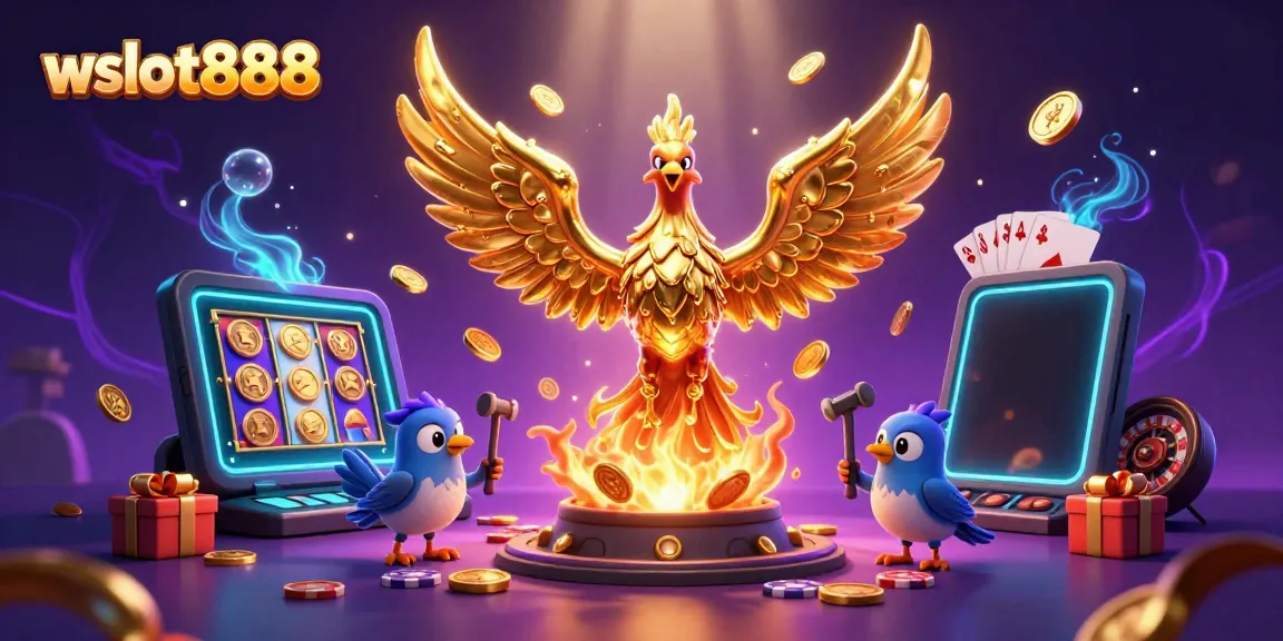 Permainan slot wslot888 dengan mesin slot berwarna-warni dan koin emas, menciptakan suasana kasino yang menyenangkan.