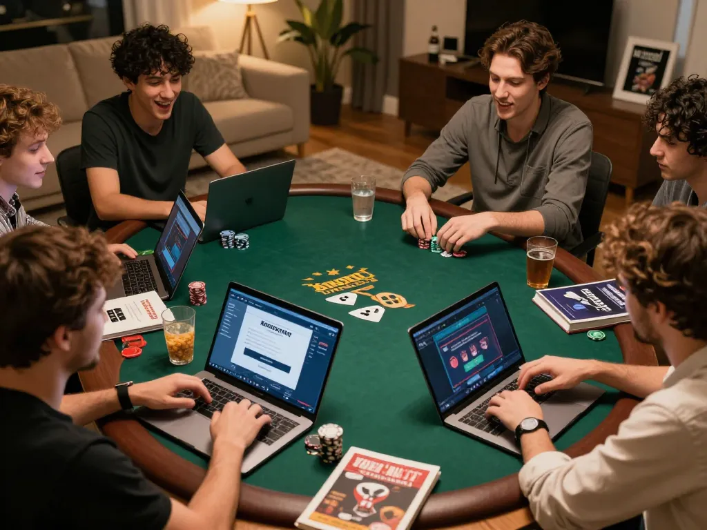Pemain mengakses kenzototo login selama malam poker online yang menarik dengan teman-teman di ruang tamu yang nyaman