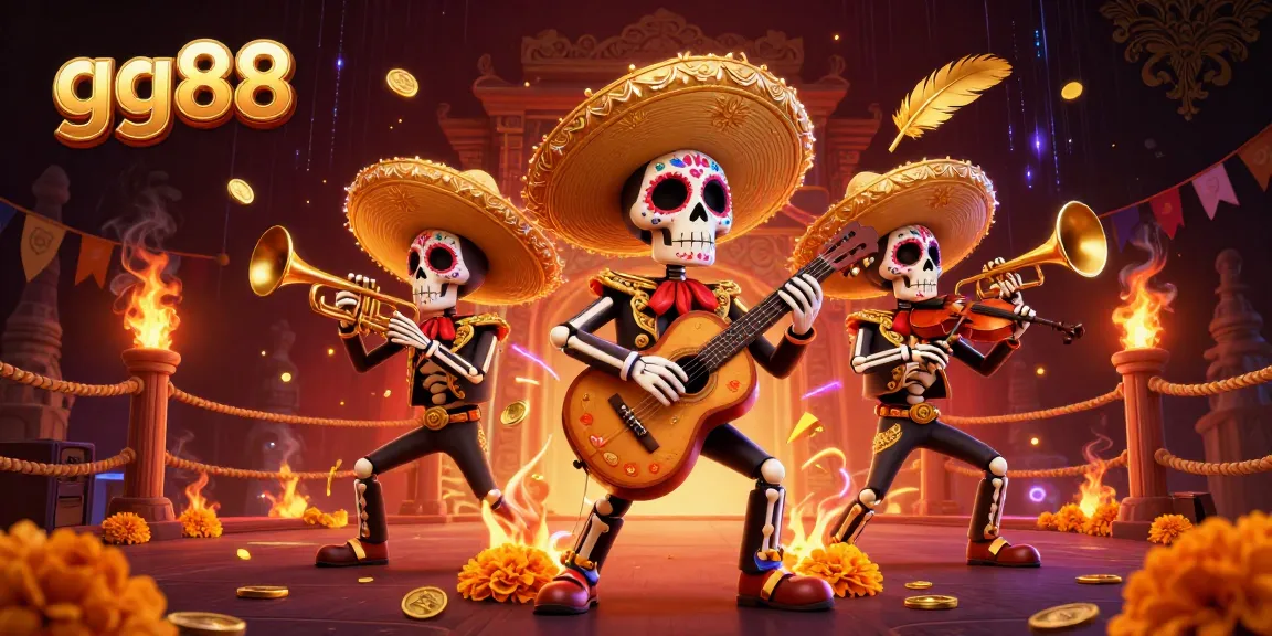 Enter the exciting world of gg88 and enjoy vibrant gaming with a festive skeleton mariachi band and casino elements.