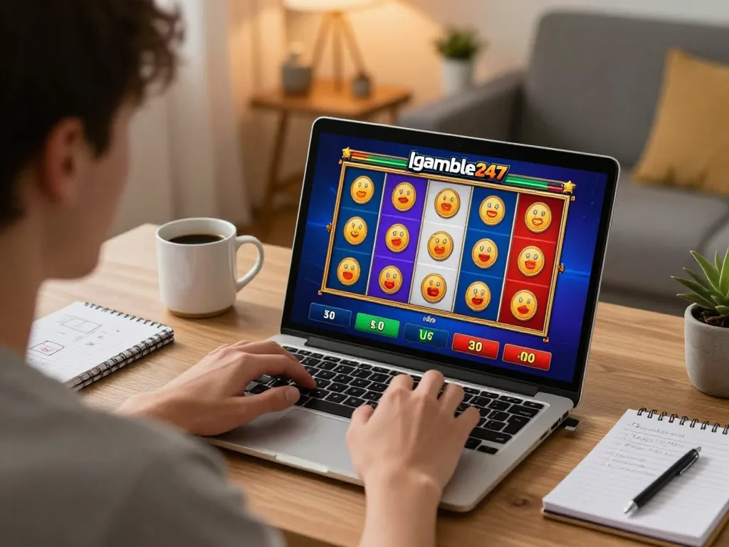 Engaging gameplay of Igamble247 Slot on a laptop with excited player at home desk