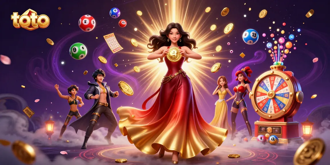 Experience thrilling toto gameplay with a stunning Asian woman showcasing fortune through a golden coin amidst vibrant casino elements.