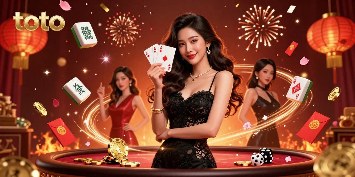 Experience excitement with toto in this vibrant casino scene featuring a poised woman holding playing cards.