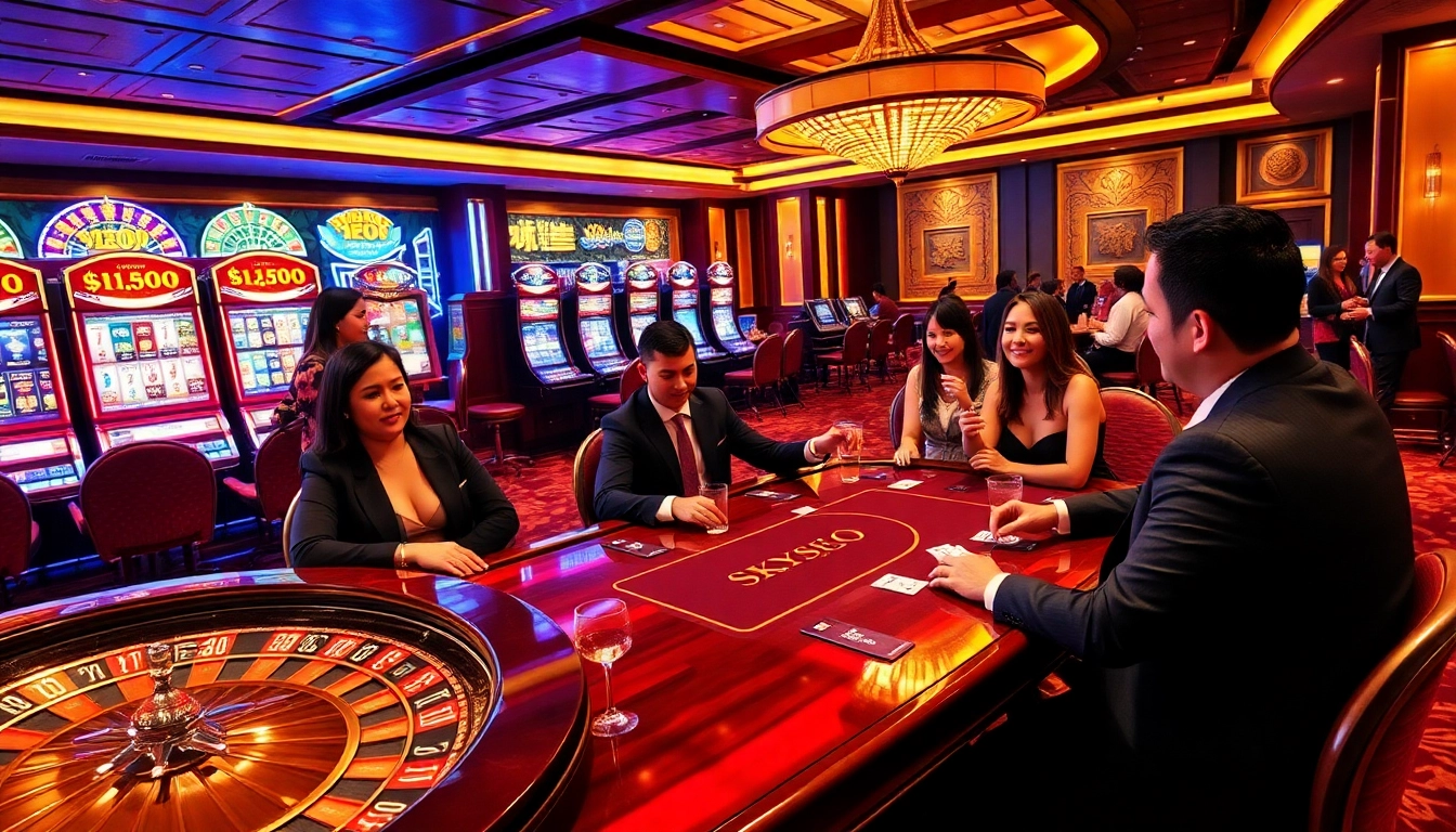 Experience thrilling gameplay at SKY88 casino with vibrant poker tables and slot machines.