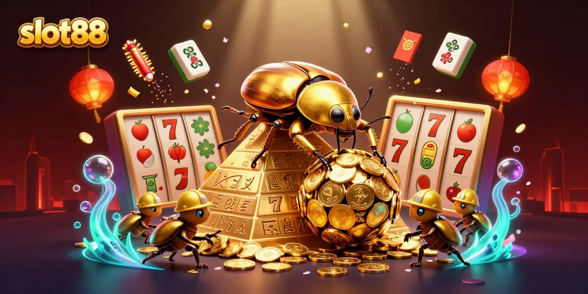Engage in exciting gameplay with slot88, featuring a golden dung beetle amidst vibrant casino symbols and elements.