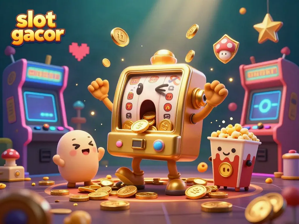 Experience the thrill of slot gacor with a golden slot machine hitting a jackpot as coins pour out, surrounded by cheering mini slot machines.