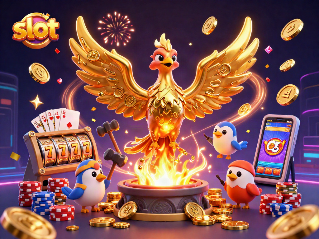 Experience the thrill of slot games with golden phoenix, coins, and vibrant casino elements.
