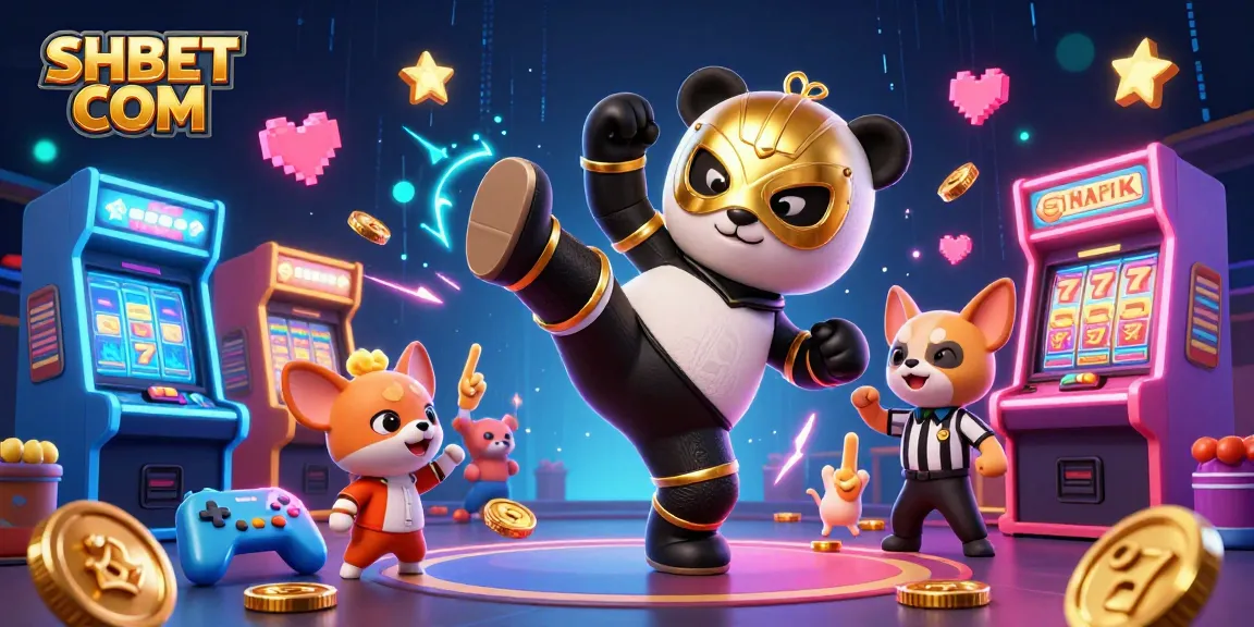 Engage with SHBET COM for exciting casino gaming, featuring a panda wrestler and fun animal spectators.