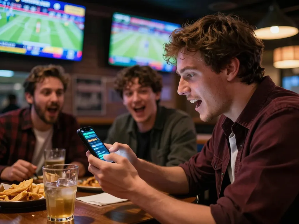 Q88 betting enthusiast cheering at a sports bar with open betting app on smartphone
