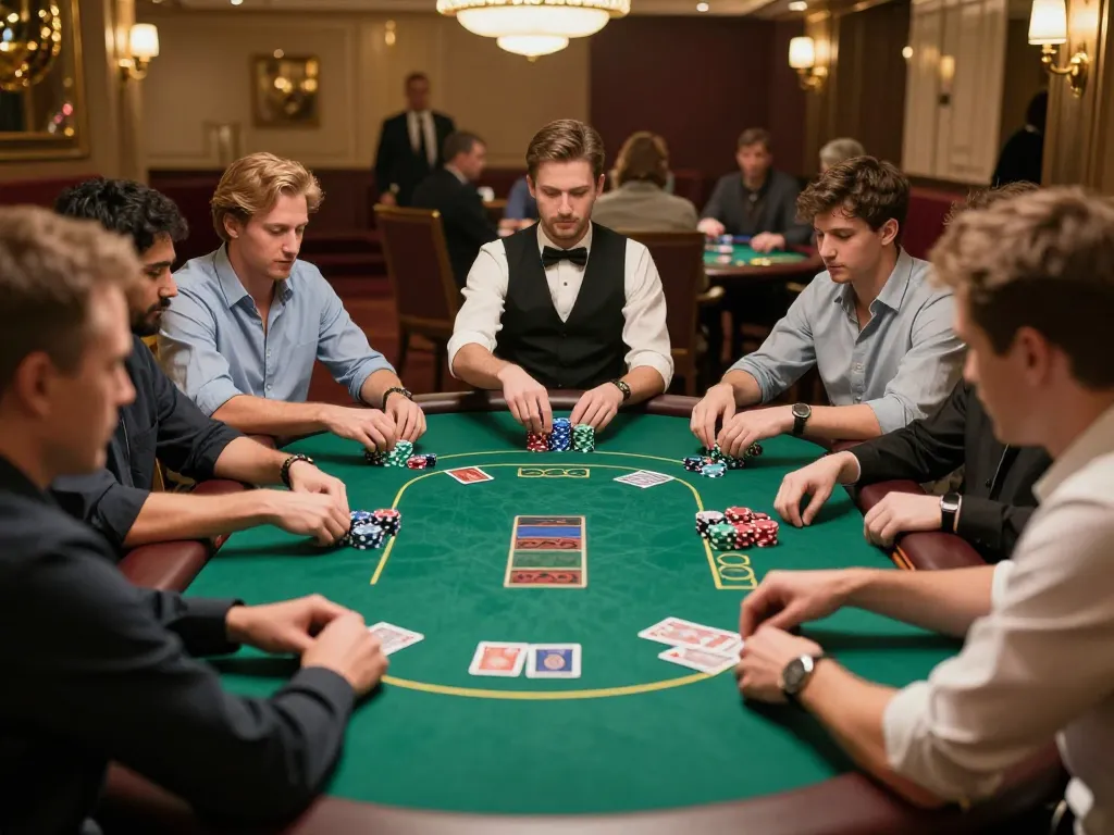 Intense poker gameplay at a reputable casino, showcasing vibrant chips and strategic betting in action, nhà cái uy tín experience
