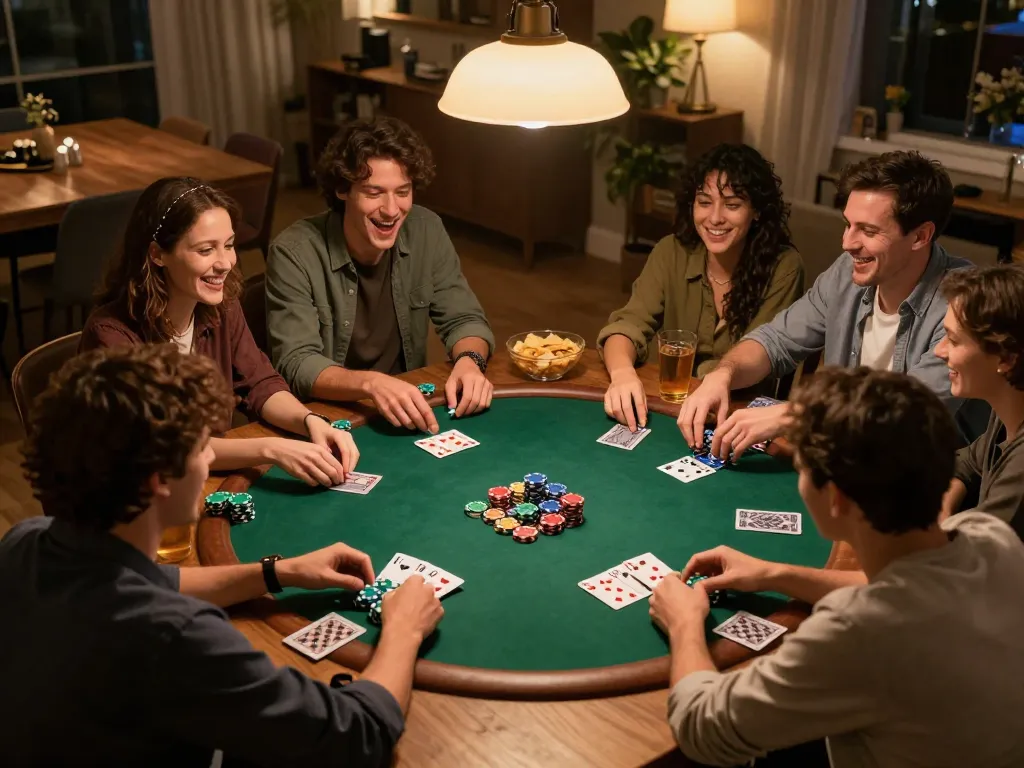 Friends enjoy a poker night at home, showcasing the fun dynamics of gambling with net88.