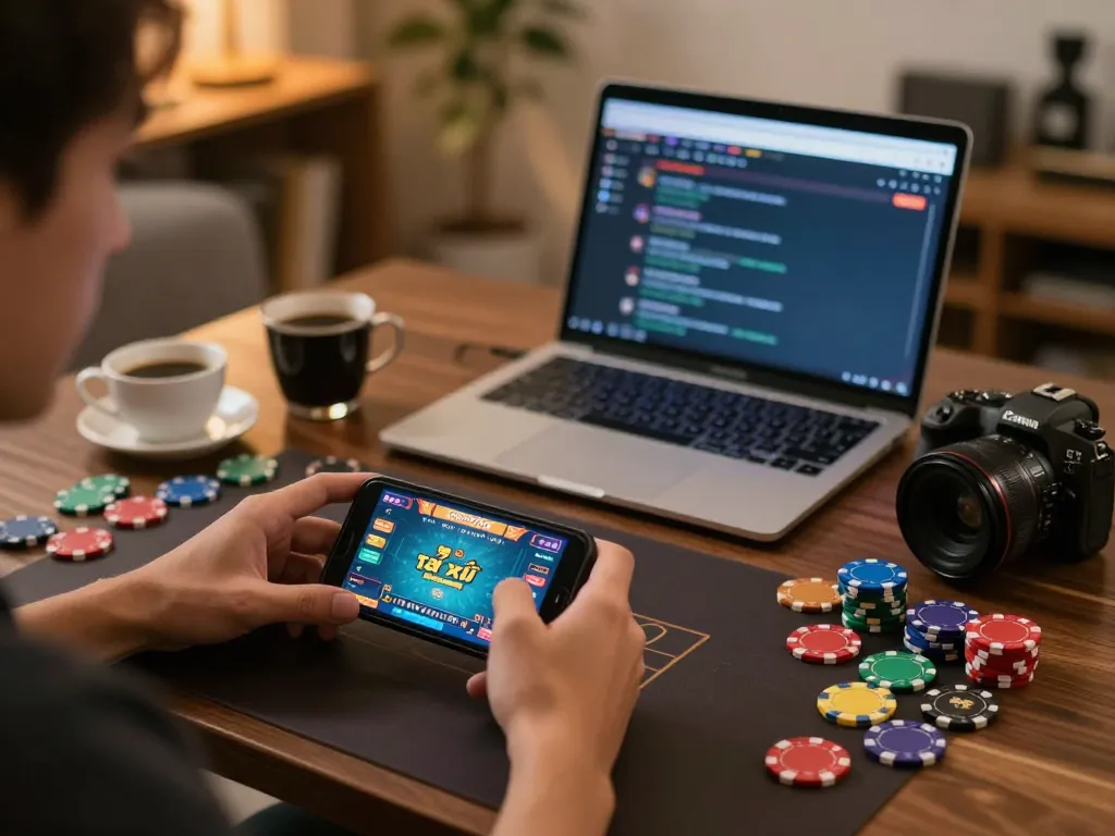 Tài xỉu online players engaging with smartphone and chips in a cozy home setting.