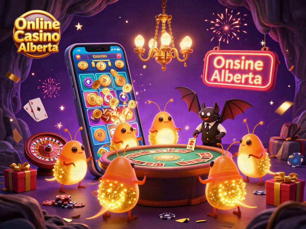 Experience the excitement of Online Casino Alberta with a lively glowworm casino scene filled with slot games and vibrant confetti.