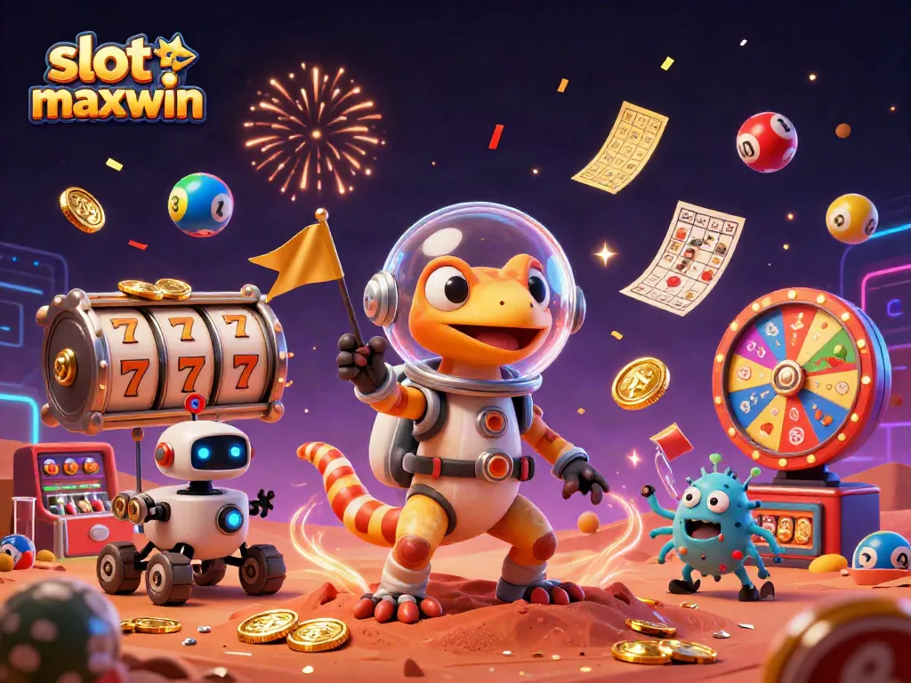 Slot gacor maxwin di ilustrasi 3D, menampilkan gecko Mars dan kasino emas dengan permainan slot dan efek uang.