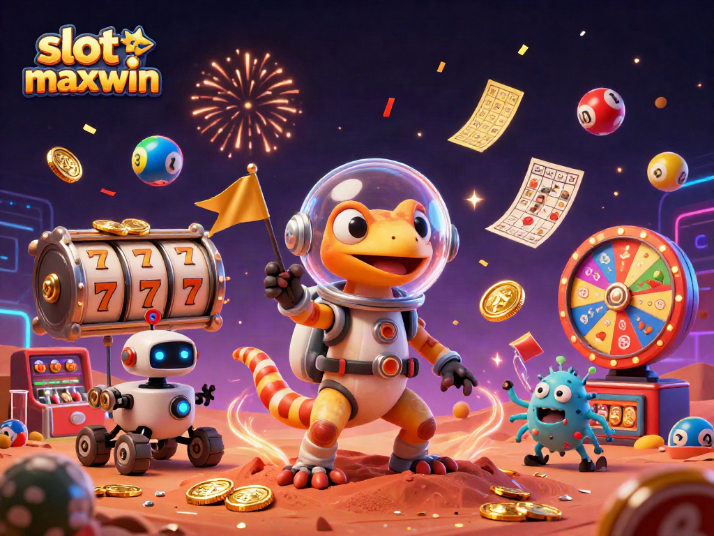 Slot gacor maxwin di ilustrasi 3D, menampilkan gecko Mars dan kasino emas dengan permainan slot dan efek uang.