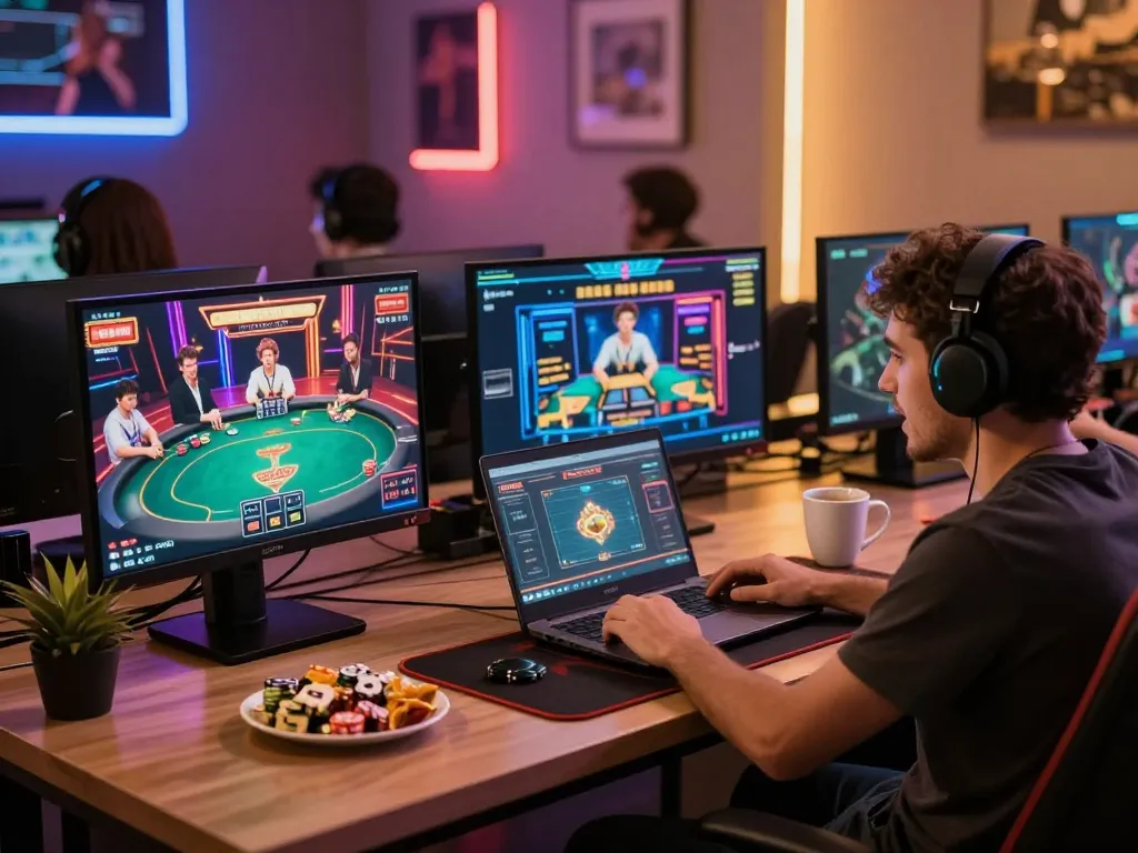 Energileisureparks player enjoying online gaming session with poker and slots engaged in responsible fun.