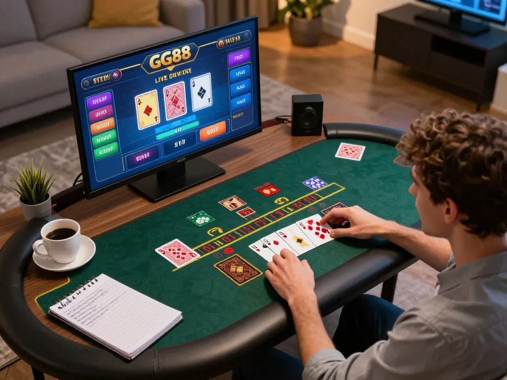 Engaged player enjoying GG88 live dealer gameplay on tablet in a cozy home setting, highlighting online gambling excitement.