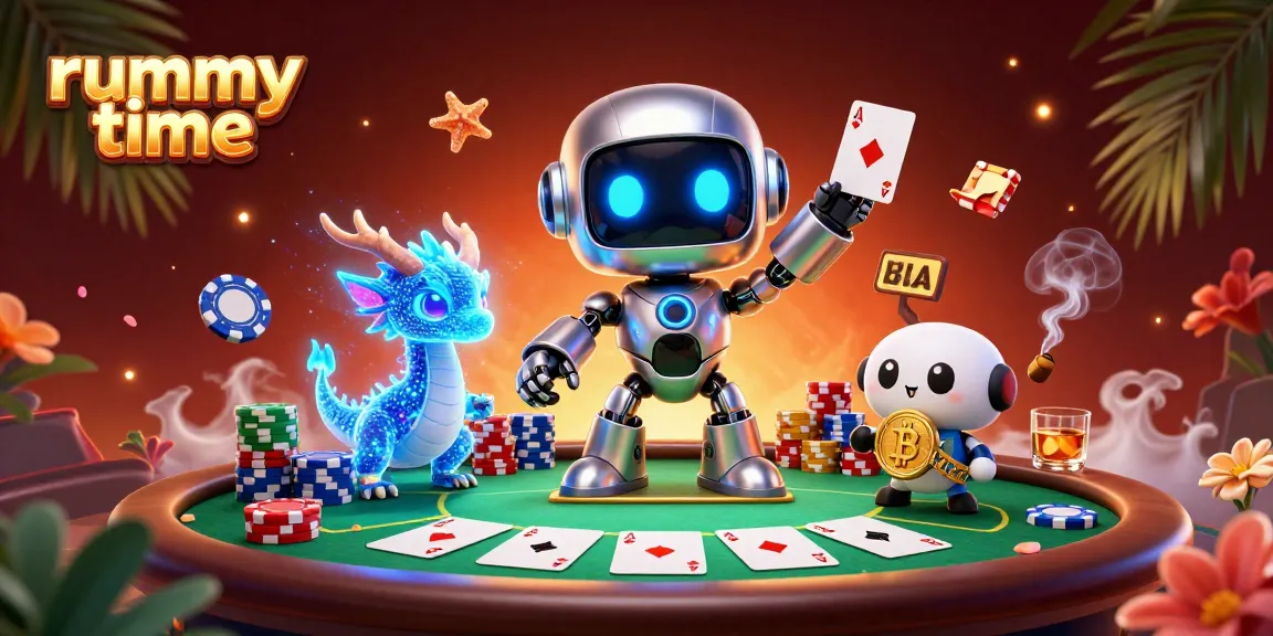 Engage in thrilling rummy time gameplay with dynamic characters and vibrant casino elements.
