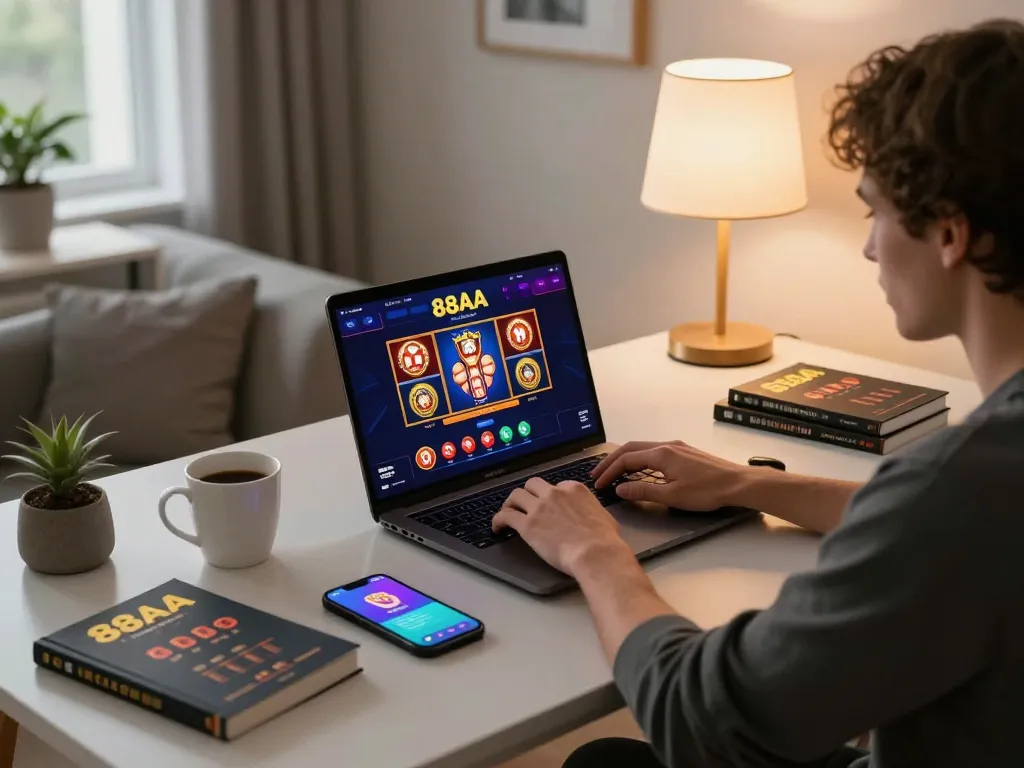 Engaging in online gambling with 88aa đăng nhập at a cozy home gaming setup featuring laptop and strategy books.