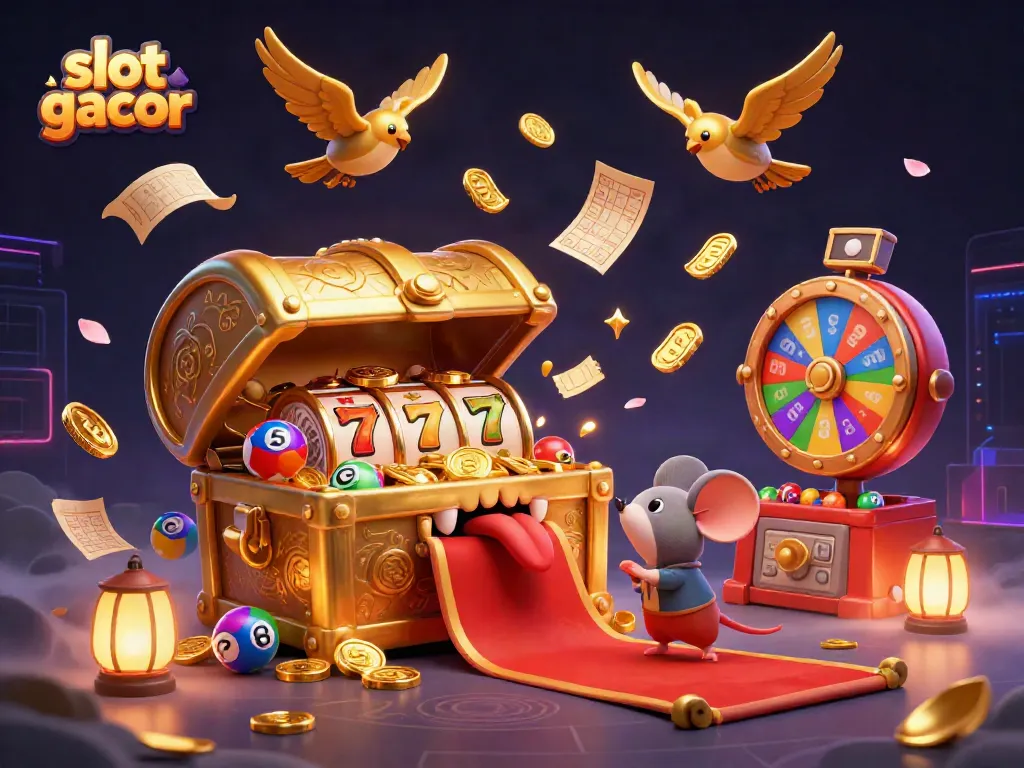 Slot gacor menarik perhatian dengan harta karun dan elemen kasino yang penuh warna.