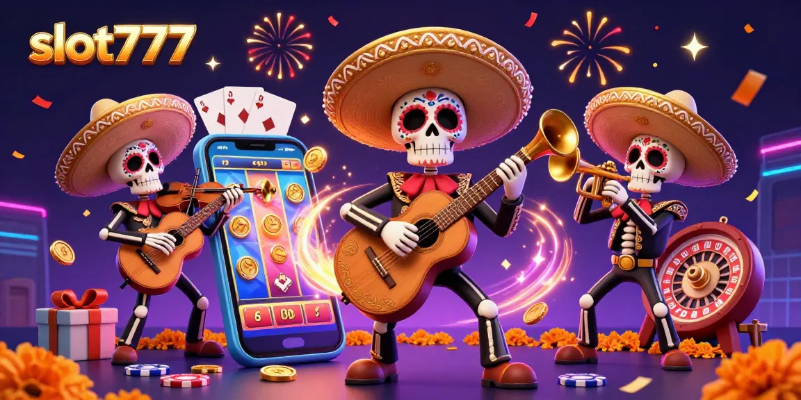 Experience winning excitement with slot777 as colorful mariachi skeletons celebrate around a vibrant slot game.