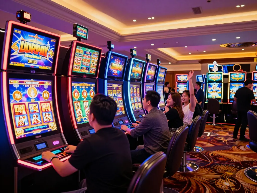Players enjoying intense moments at slot gacor machines with vibrant lights in a luxury casino