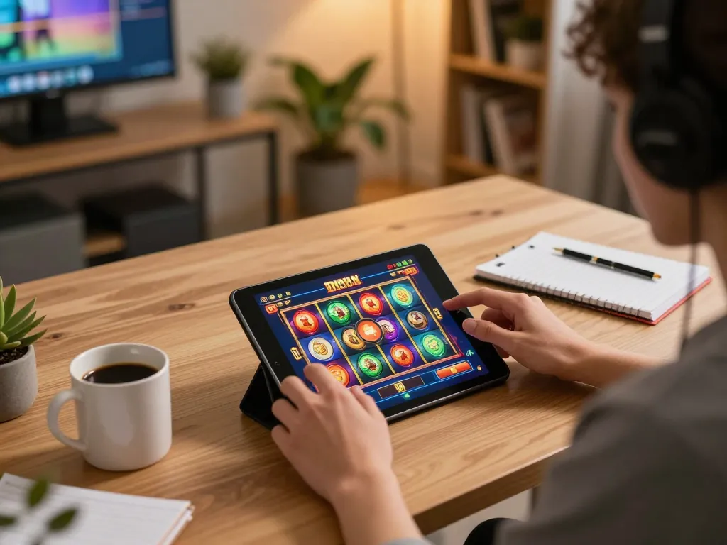 Engaging with the Tr88 link at home while playing slot games on a tablet amidst warm decor