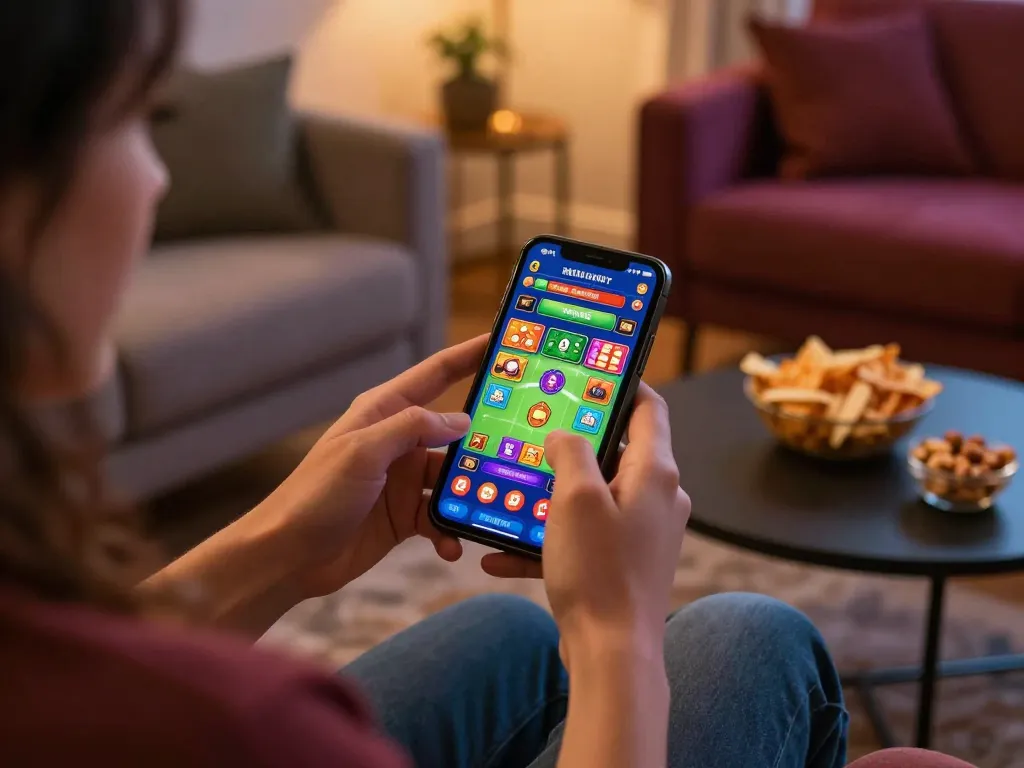 Engaging with a trusted online casino app, showcasing responsible gambling behavior in a cozy home setting.