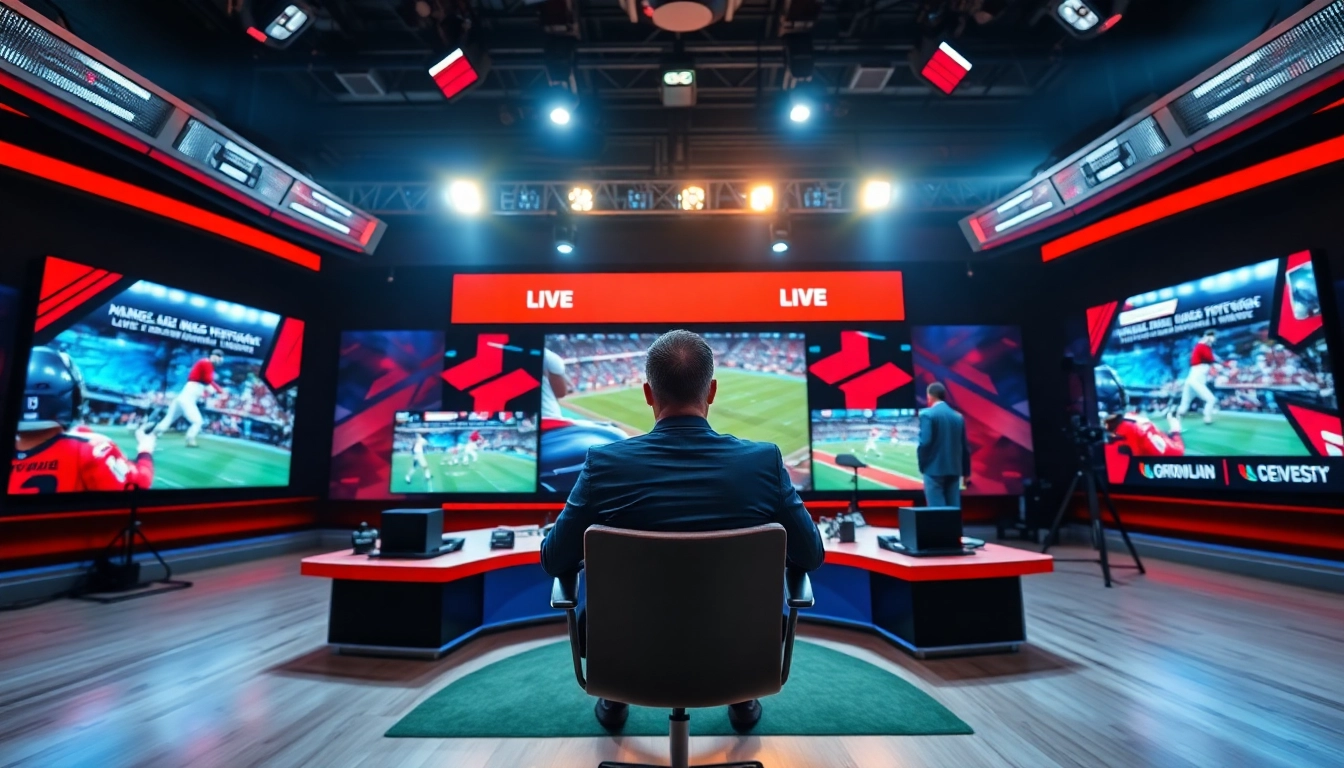 Sports Broadcasting studio with anchor and multiple vibrant screens displaying live events.