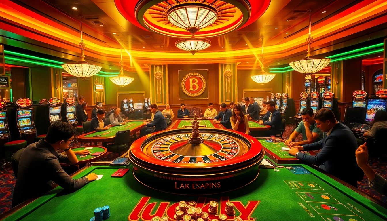 Experience the thrill of luck 8 at an extravagant casino with roulette and poker tables.
