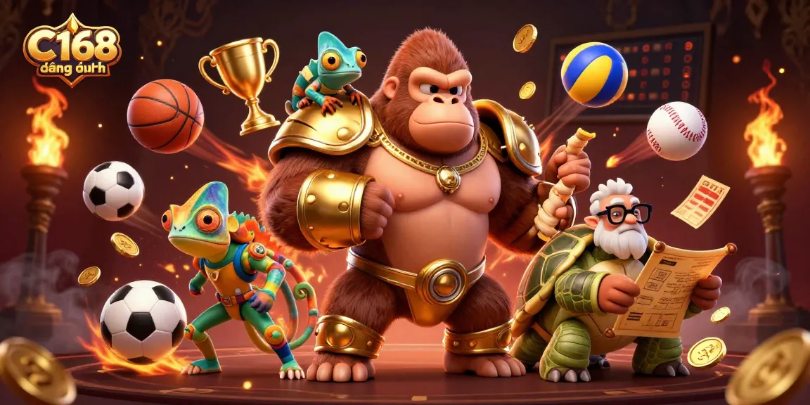 C168 đằng nhập captures a vibrant casino scene with a golden gorilla, dynamic sports elements, and gambling excitement.