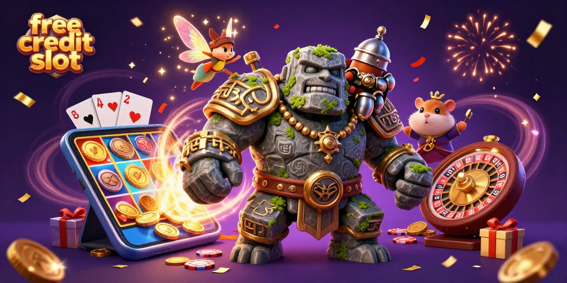 Engage with the free credit slot experience featuring a stone golem and a fairy amidst vivid casino elements.