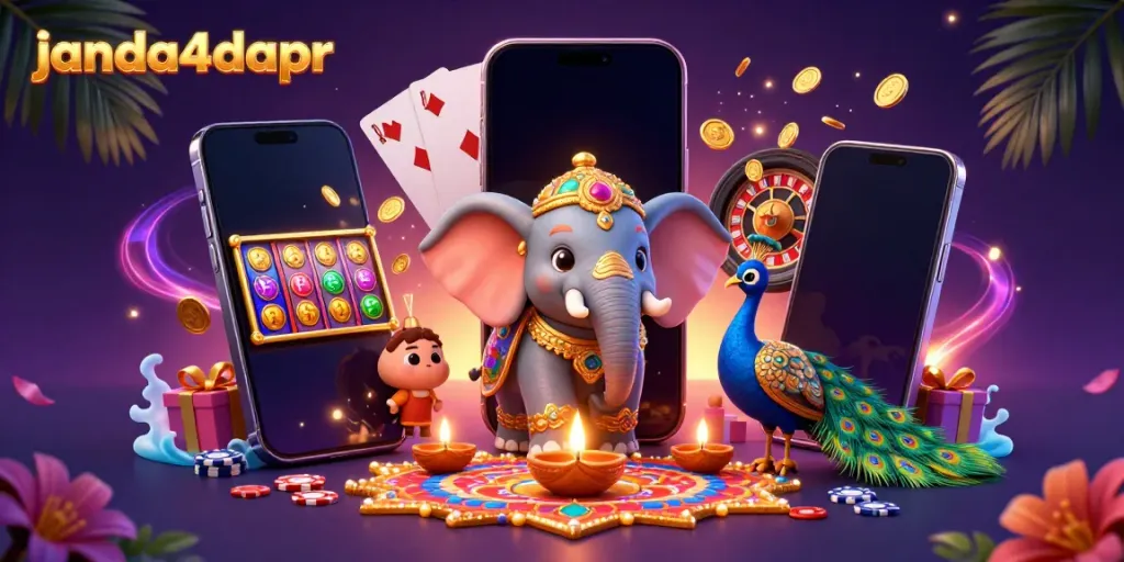 Janda4dapr menampilkan gajah kartun bertema Diwali dan elemen kasino yang menarik.