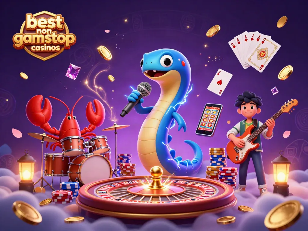 Experience the excitement at the best non gamstop casinos with a vibrant underwater casino scene featuring a DJ electric eel!