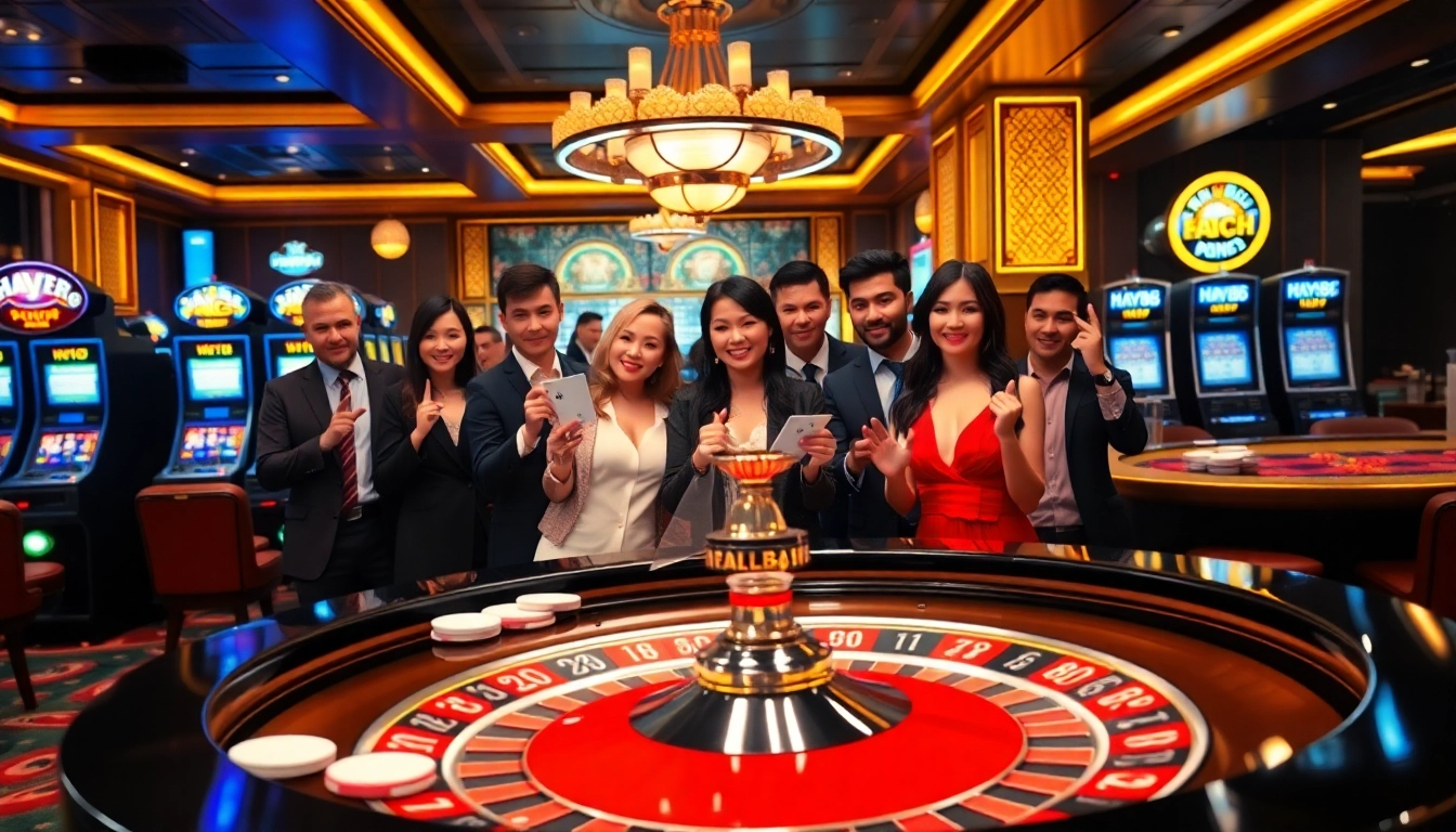 HAY88 casino enthusiasts celebrating a win at a roulette table.