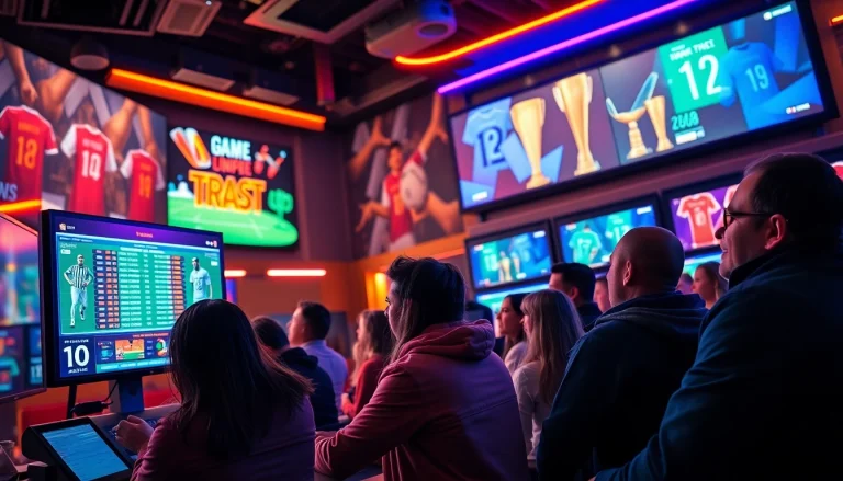 Engaged players in online Betting environment surrounded by vibrant screens and sports visuals.