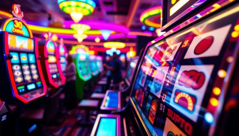 Menggunakan Slot Game dengan mesin berlian berkilau di kasino yang ramai.