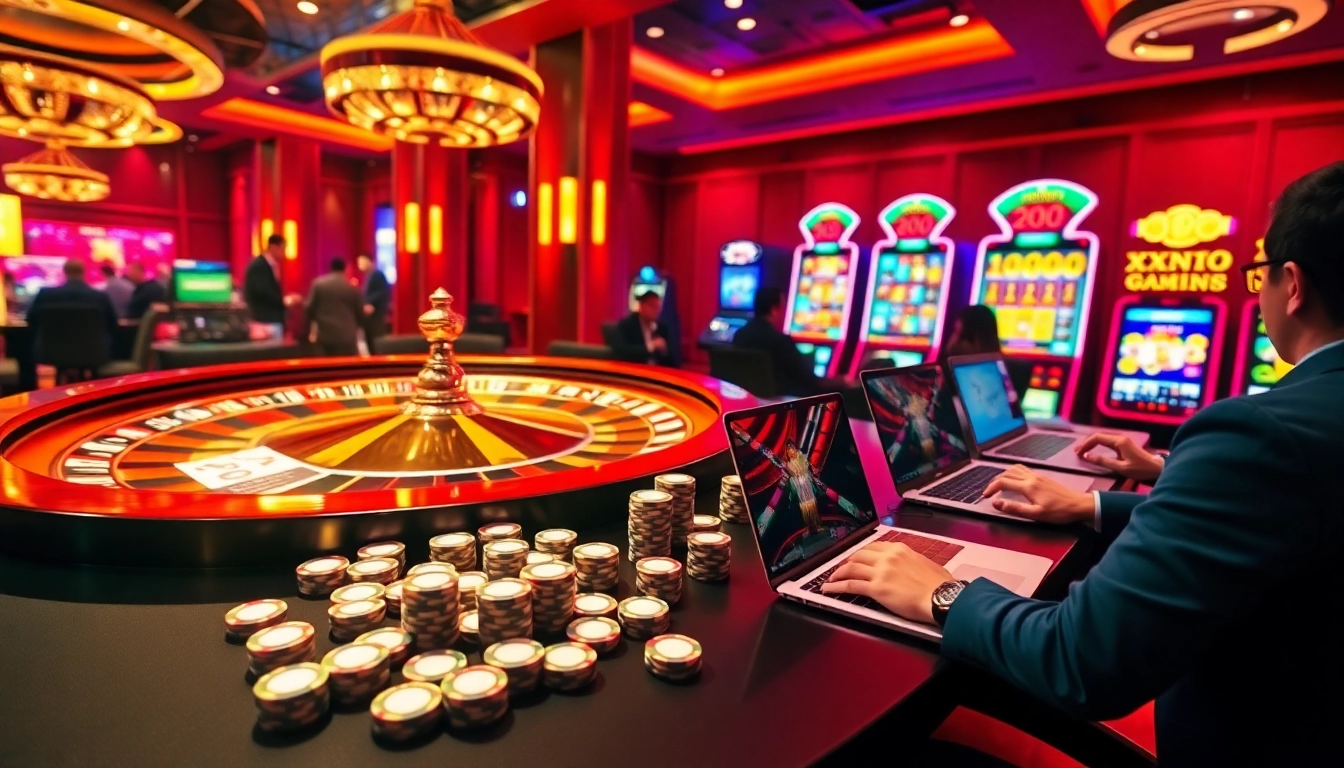 Experience excitement at https://xx88.now/ with poker chips and a glowing roulette wheel.