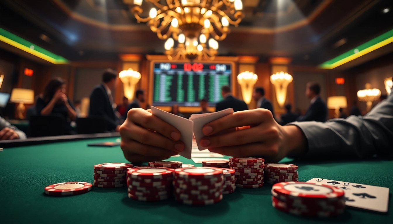 Engaged players in a Poker Game featuring polished chips and cards in a casino setting