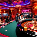 Experience thrilling games at nhà cái jun88 with players at a poker table in a vibrant casino setting.