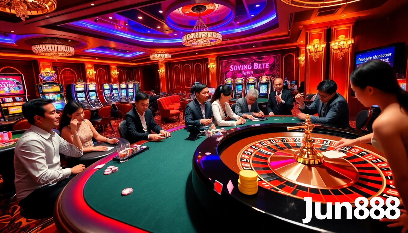 Experience thrilling games at nhà cái jun88 with players at a poker table in a vibrant casino setting.