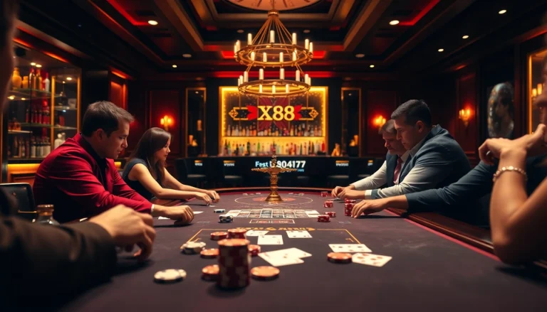 Exciting gameplay at a luxury casino table featuring XX88.AI poker chips and cards.