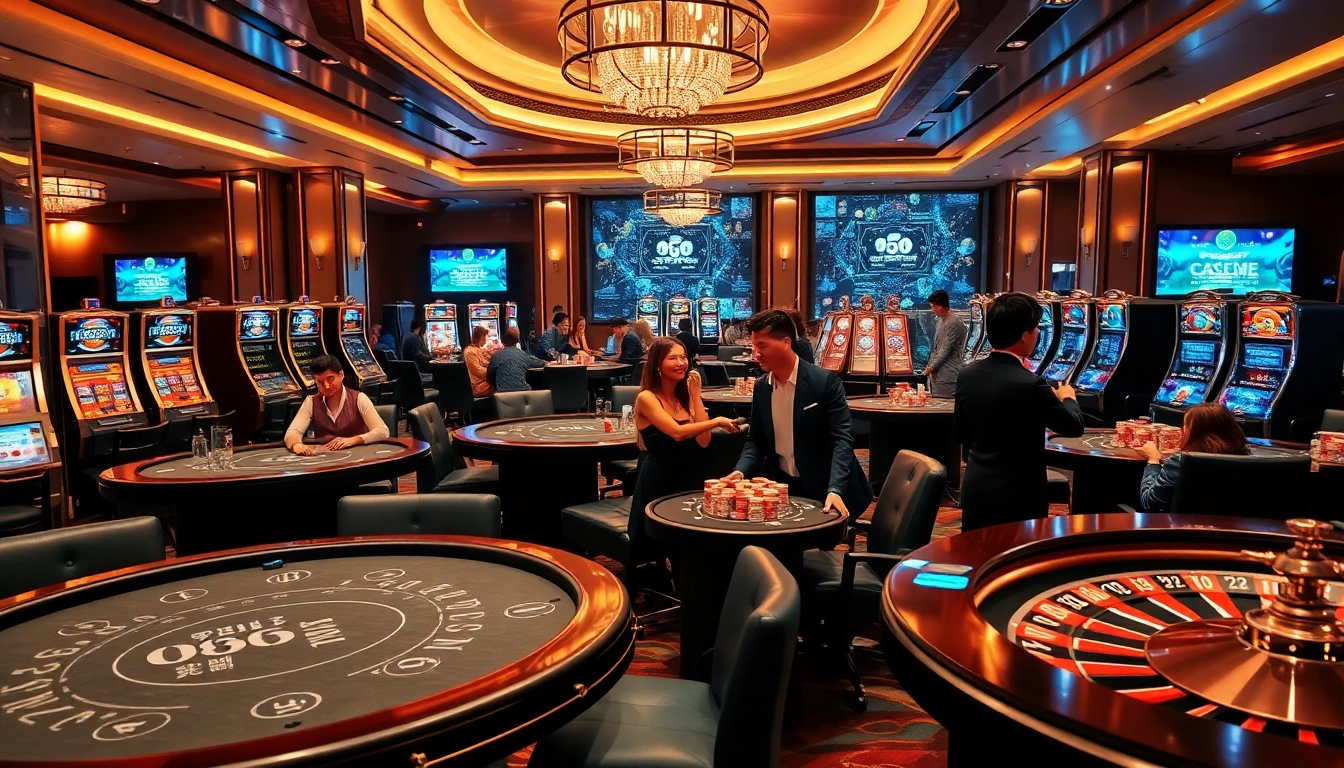 Exciting casino scene highlighting 주소모음 with poker tables, vibrant slot machines, and enthusiastic gamblers.