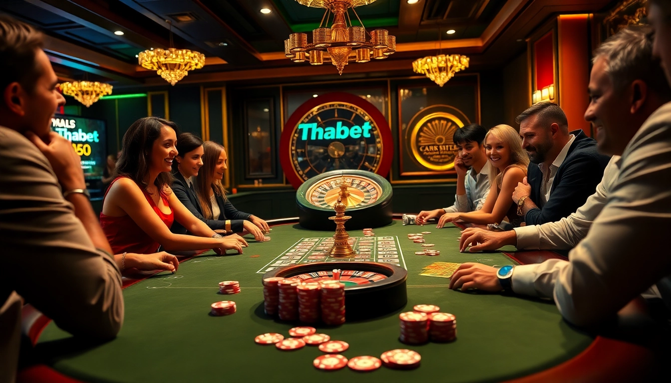 Thabet poker players enjoying an exciting game with vibrant casino elements.