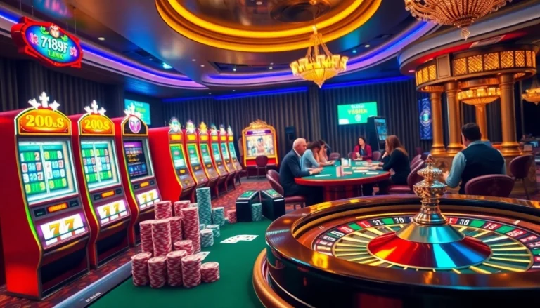 Experience the thrill of online gaming with the 789f link, showcasing vibrant casino tables and exciting gambling elements.